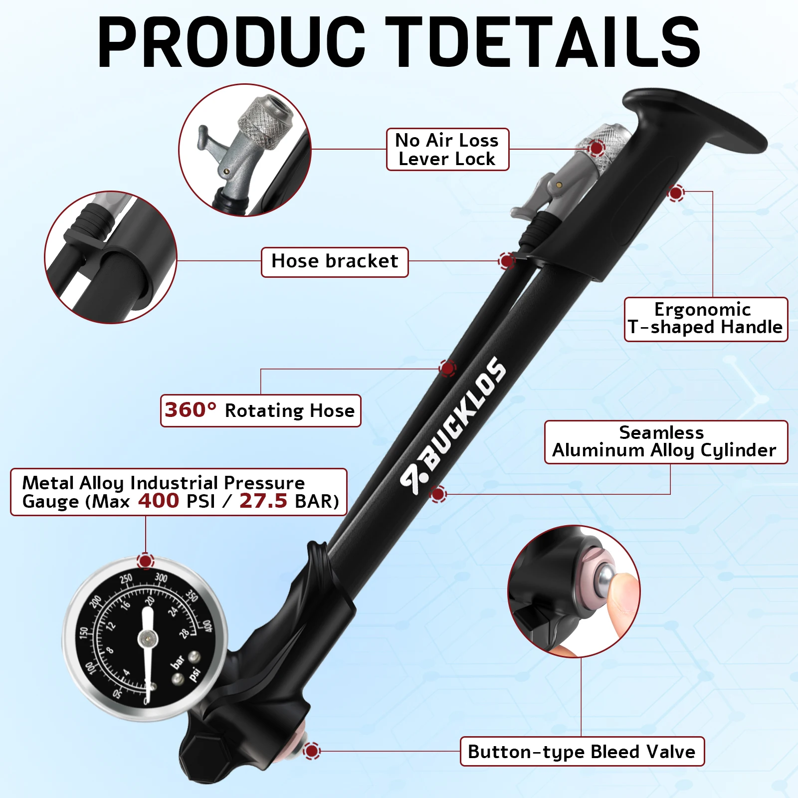 BUCKLOS 400PSI Bicycle Shock Pump MTB Road Bike Aluminum Alloy One-click Deflate Function Air Pump For Air Fork/Tire/Shock Pump