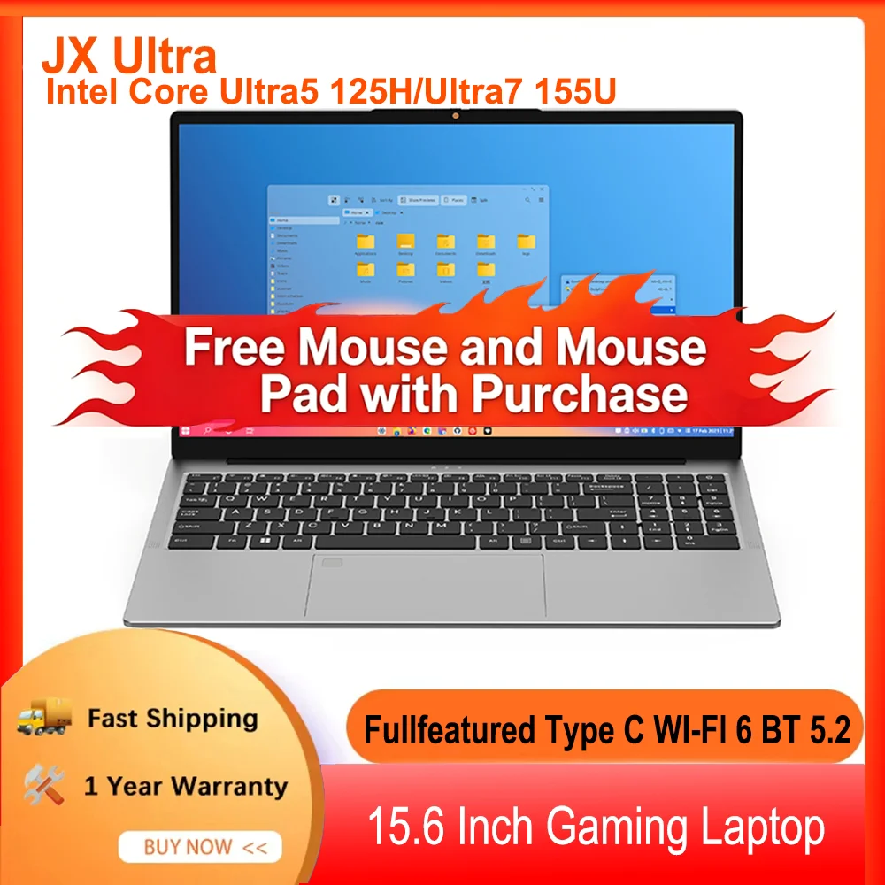 JX-U Touchpad Laptop 15.6" 60Hz Intel Core Ultra5 125H Ultra7 155H Backlit Keyboard M.2 DDR5 BT5.2 Win11 Gaming Notebook Laptops