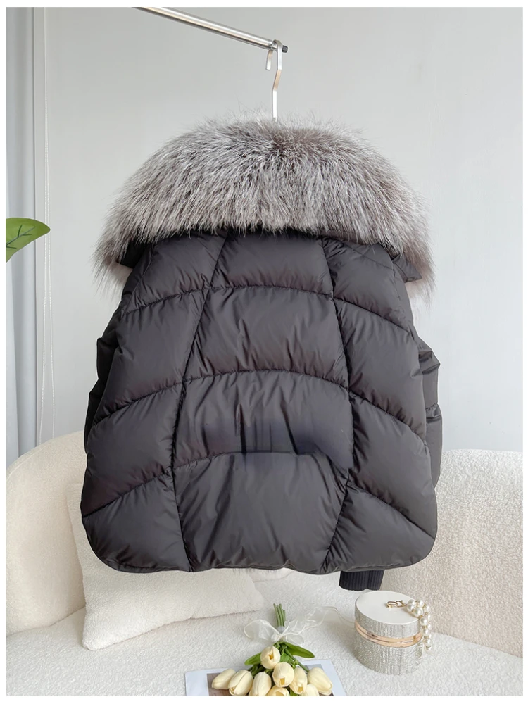 MENINA BONITA – manteau d'hiver en duvet de canard blanc pour femme, veste Super Large en fourrure de renard argenté véritable, col avec manches en tricot, vêtements d'extérieur à la mode