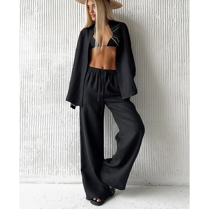 

Cross-border Pure Cotton Shirt Trousers Set New Loose Long-sleeved Shirt Casual Spring and Summer in Europe America for Women