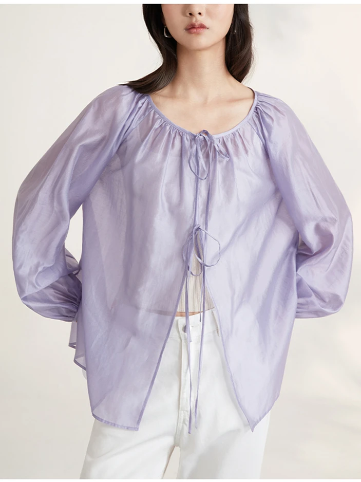 oversize Women's cardigan jacket 2023 Spring New fashion casual lavender Lyocell shirt thin lace up silk blouse tops black white