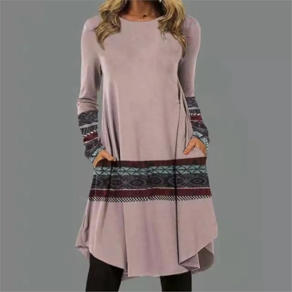 Women Ethnic Style Fashionable Casual Spring And Autumn Dress 2024 Retro Pocket Splicing Long Sleeved Short Dress Платье Женское