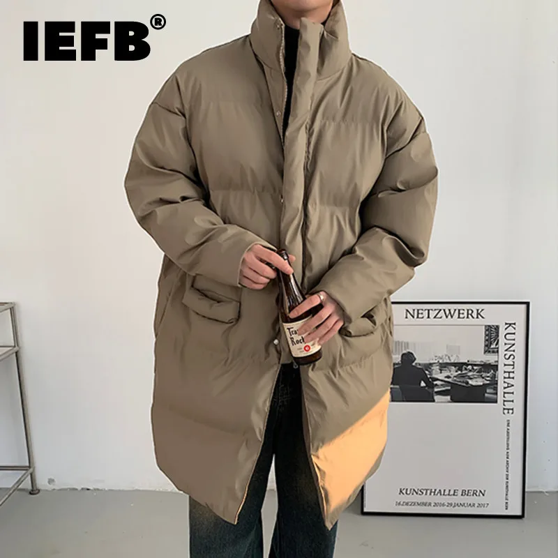 IEFB Korean Style Men's Padded Jacket Loose Stand Collar Overknee Zipper Coats Long Solid Color Autumn Male Coat Simple 9C8070