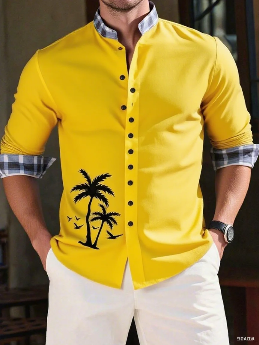 

2025 new men's casual long-sleeve shirt, available in 12 colors, 3D coconut tree pattern print, casual Hawaiian shirt.