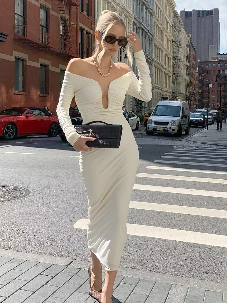 VC White Off Shoulder Long Dress Deep V Neck Pleated Long Sleeves Bodycon Celebrity Evening Party Gown Vestidos