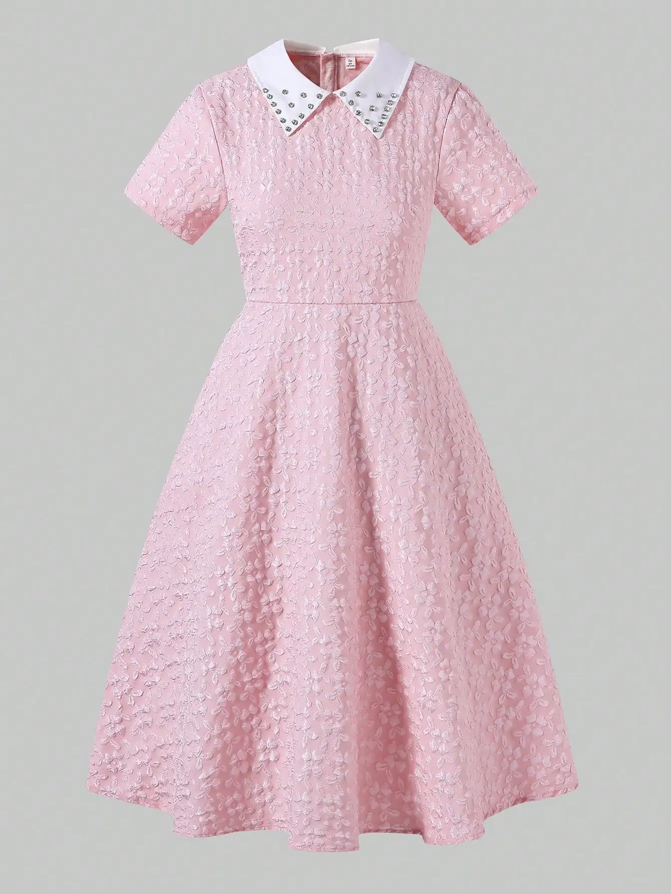 

Pink Jacquard A-Line Dress With Diamond Collar Preppy Style