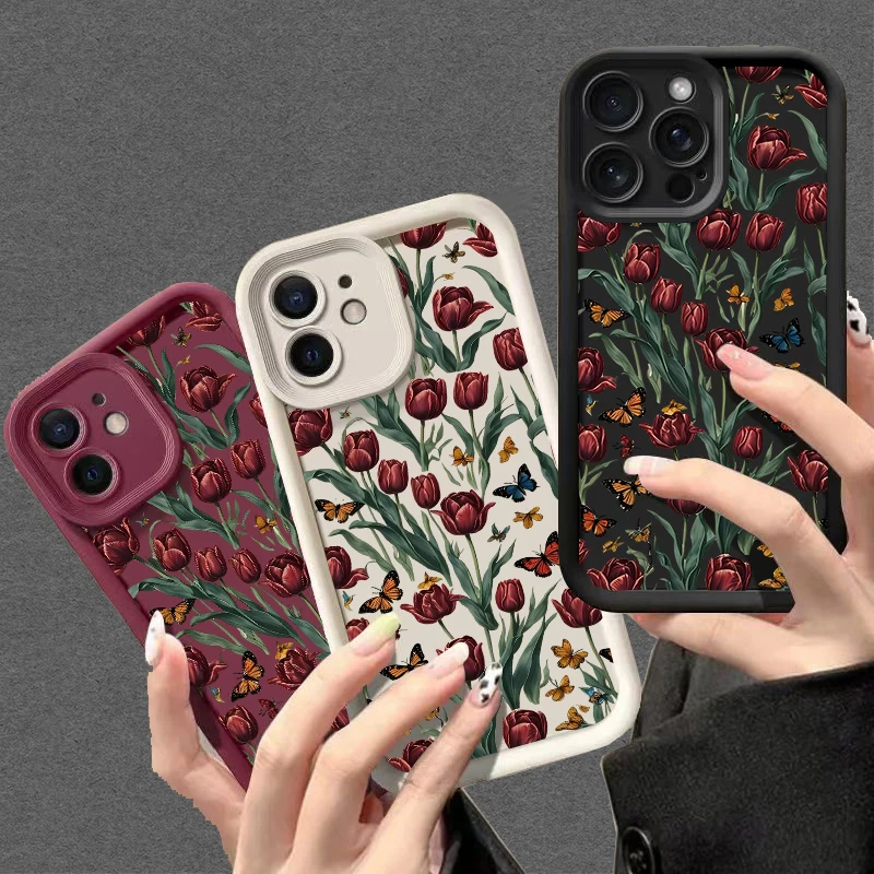 

Wine red flower soft shell is suitable for iPhone 16 Pro Max 16 11 15 14 13 12 Pro Plus fashion items for teenagers and girls.
