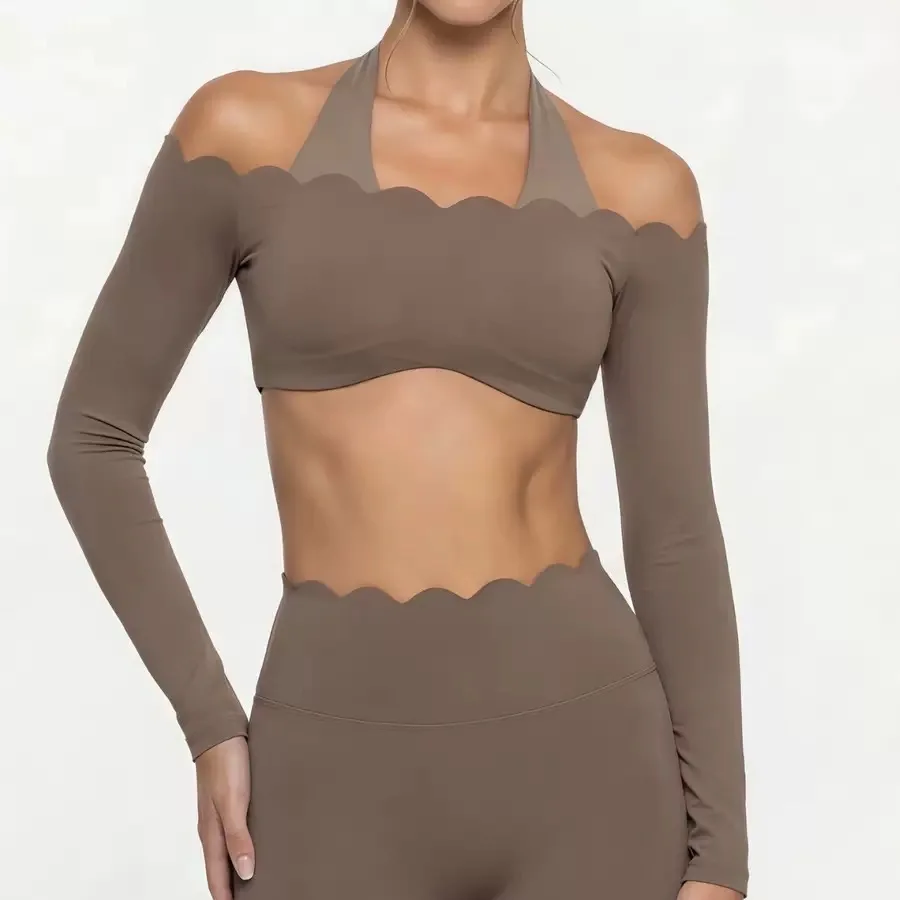 Lace Trim Short Long Sleeve Yoga Top Fake Two-Piece Sportswear Tight Breathable Pilates Fitness Workout Leggings For Women - Image 4
