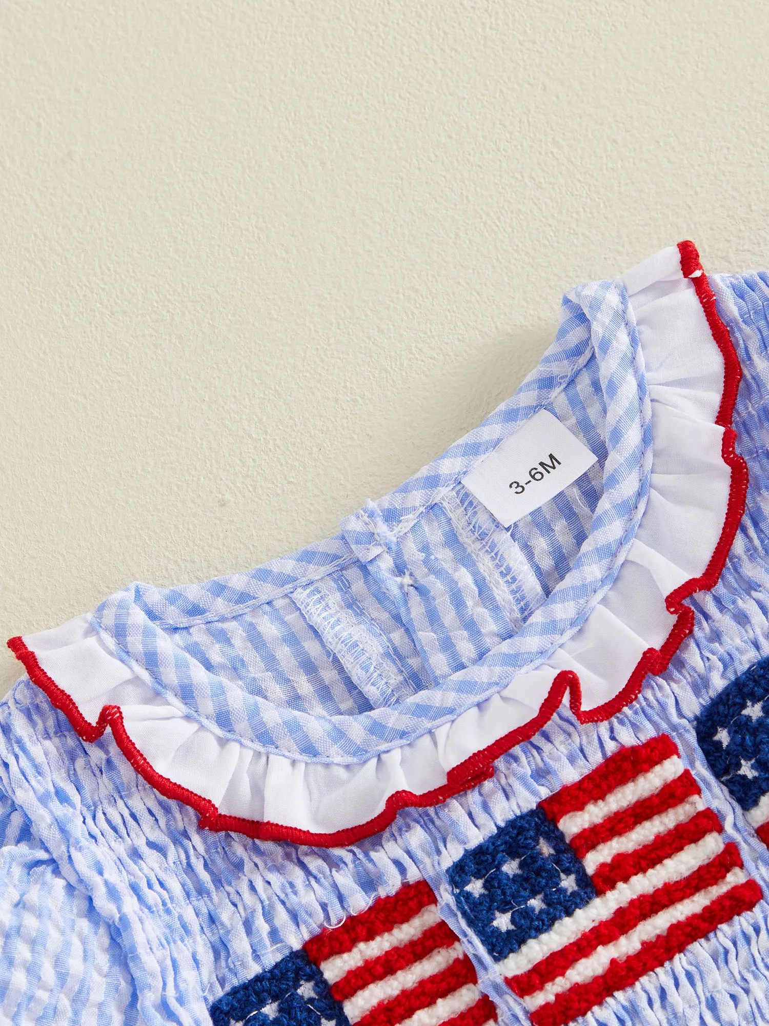 

Infant Girl Striped Romper with Star Embroidery and Ruffled Sleeves Round Neck Smocked Jumpsuit Patriotic American Flag Outfit