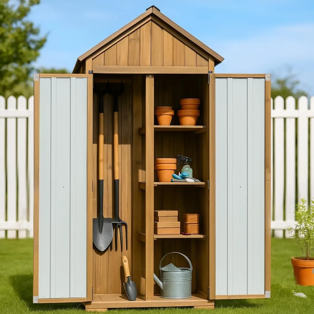 خزانة تخزين خارجية مقاومة للعوامل الجوية مع سقيفة معدنية وخشبية وأبواب قابلة للقفل وأرفف قابلة للتعديل وسقف متين لـ Secure S