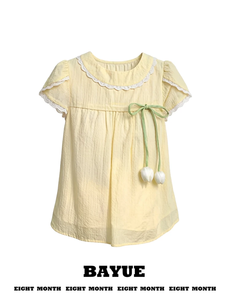 

Yellow Ruffle Knot Tulip Bubble Short Sleeve Shirt Women Summer Sweet New Chinese Style Loose Doll Shirt Top