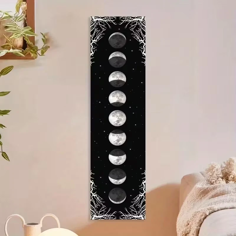 Dark Lunar Phase Vertical Tapestry Gothic Style Moon Cycle Wall Hanging Bedroom Entryway Dorm Decor