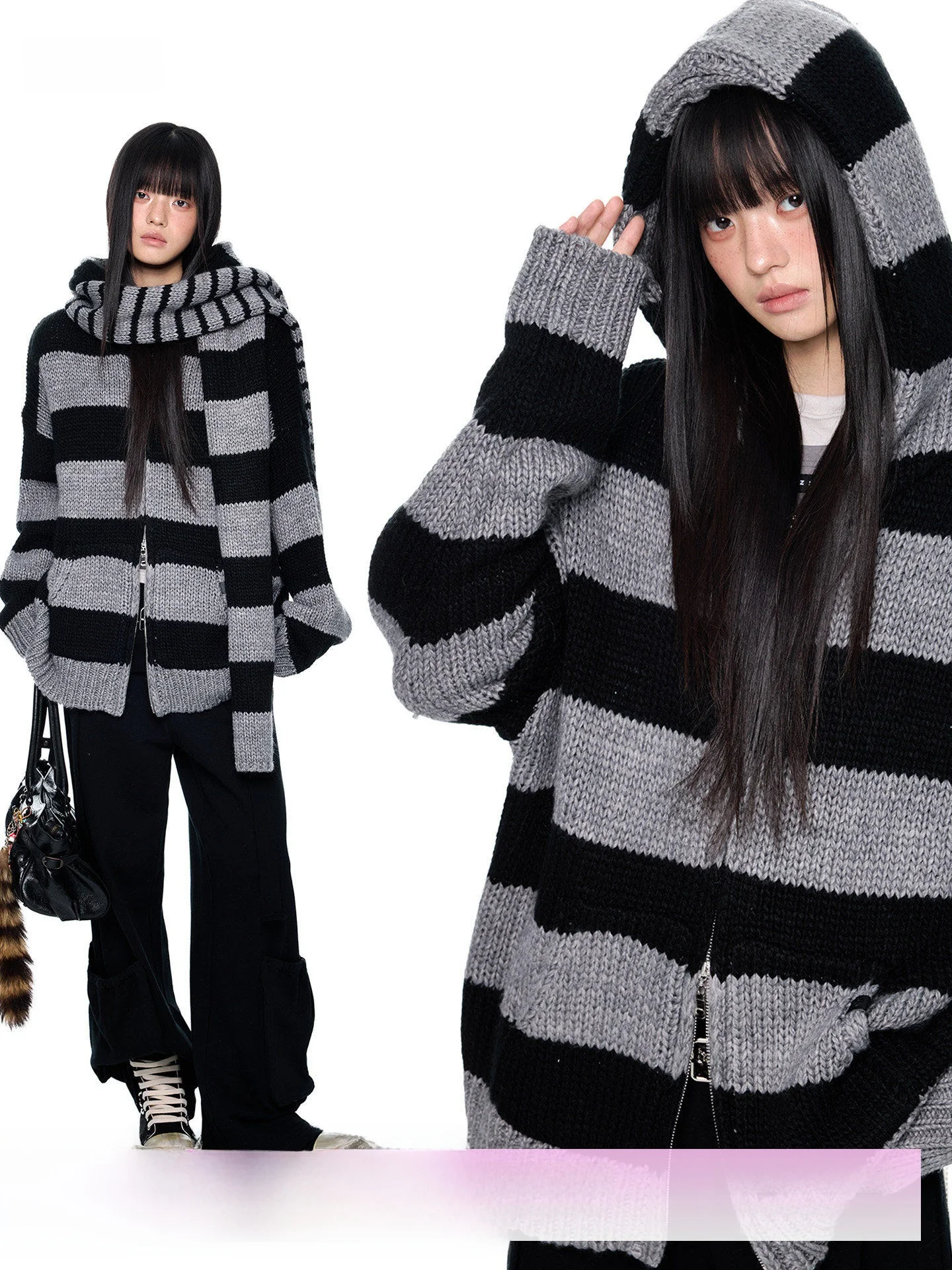 

EZEK Casual Striped Color Blo Hoodie Knitted Sweater Women's Loose Top Spring New Sle American Retro Sle Long Sve