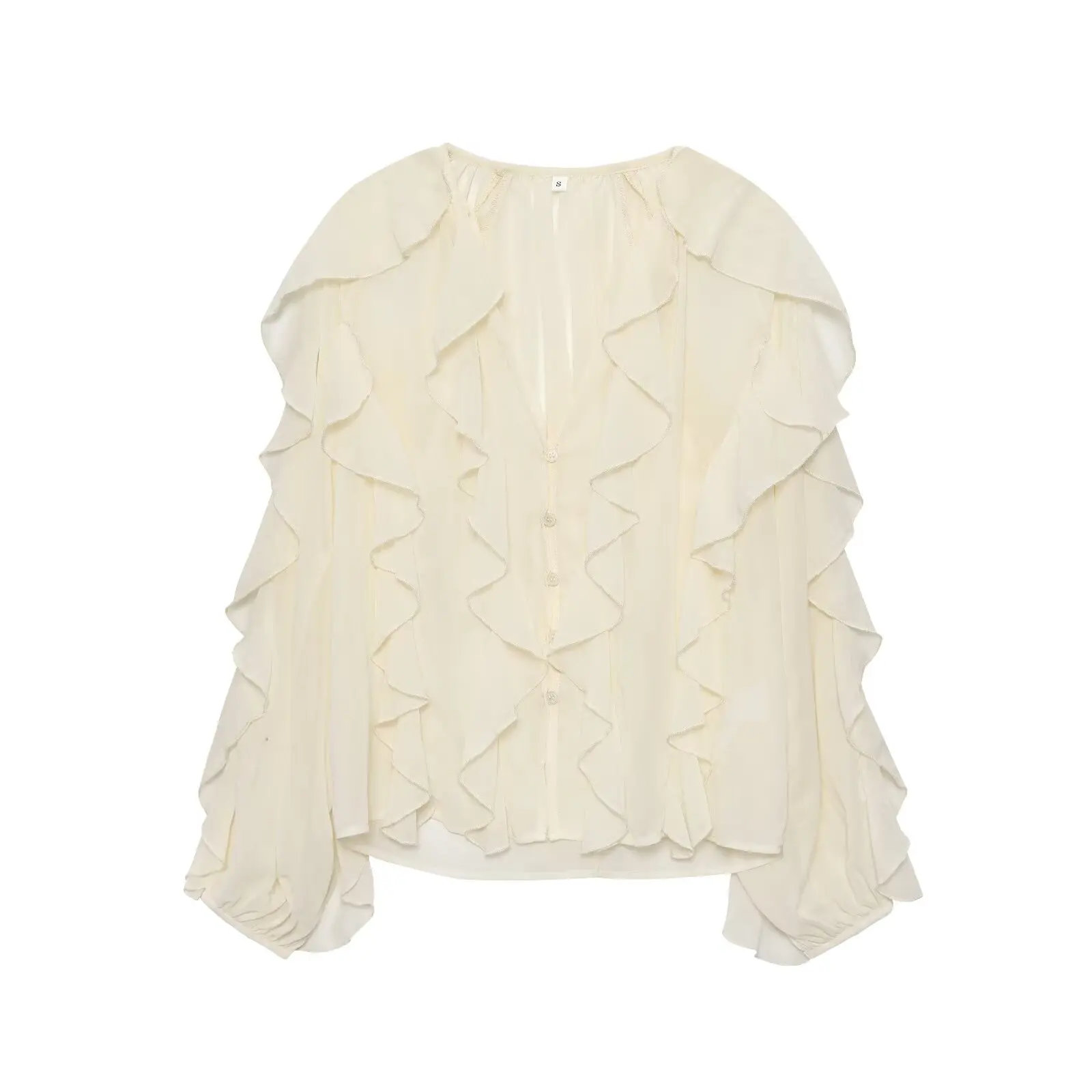 

2025 рубашка с длинным рукавом для женщин, стиль отпуска, струящиеся рюши, v-образный вырез, повседневный элегантный топ на весну и осень