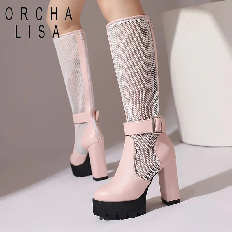 

ORCHA LISA Fashion 2025 Women's Knee High Boots Round Toe 11cm Block Heel 3cm Platform Zipper Flock Suede Big Size 46-48 Dating