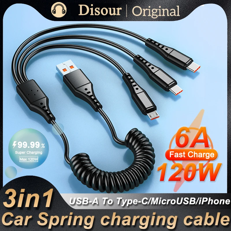 

6A 120W Mobile Phone Fast Charging USB Type-C Data Cable Micro USB Spring Car Charging Cable for Xiaomi Redmi Samsung iPhone