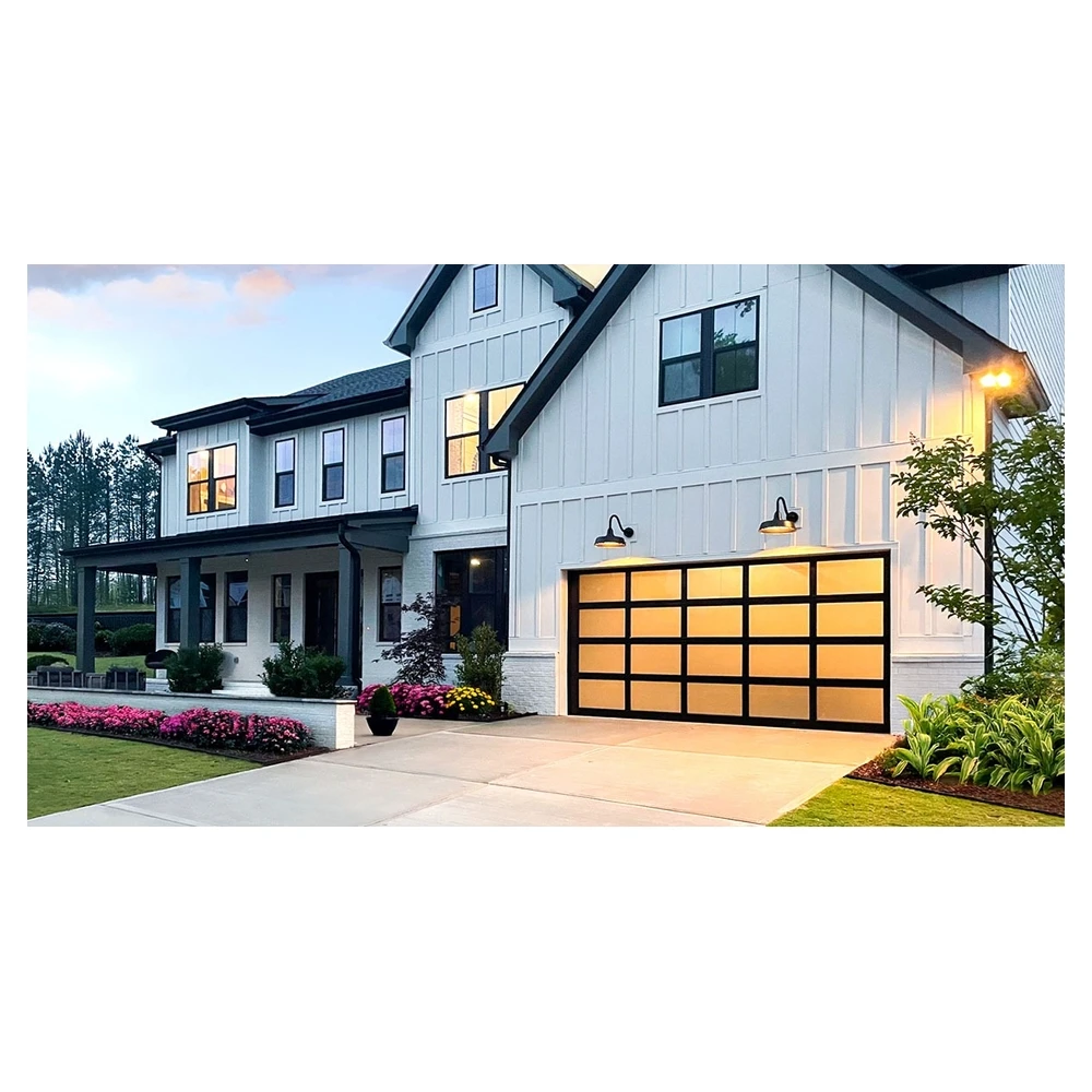 Customization Insulated Black Aluminum Garage Door With Ribbed Texture And Top Transom Windows Garage Door
