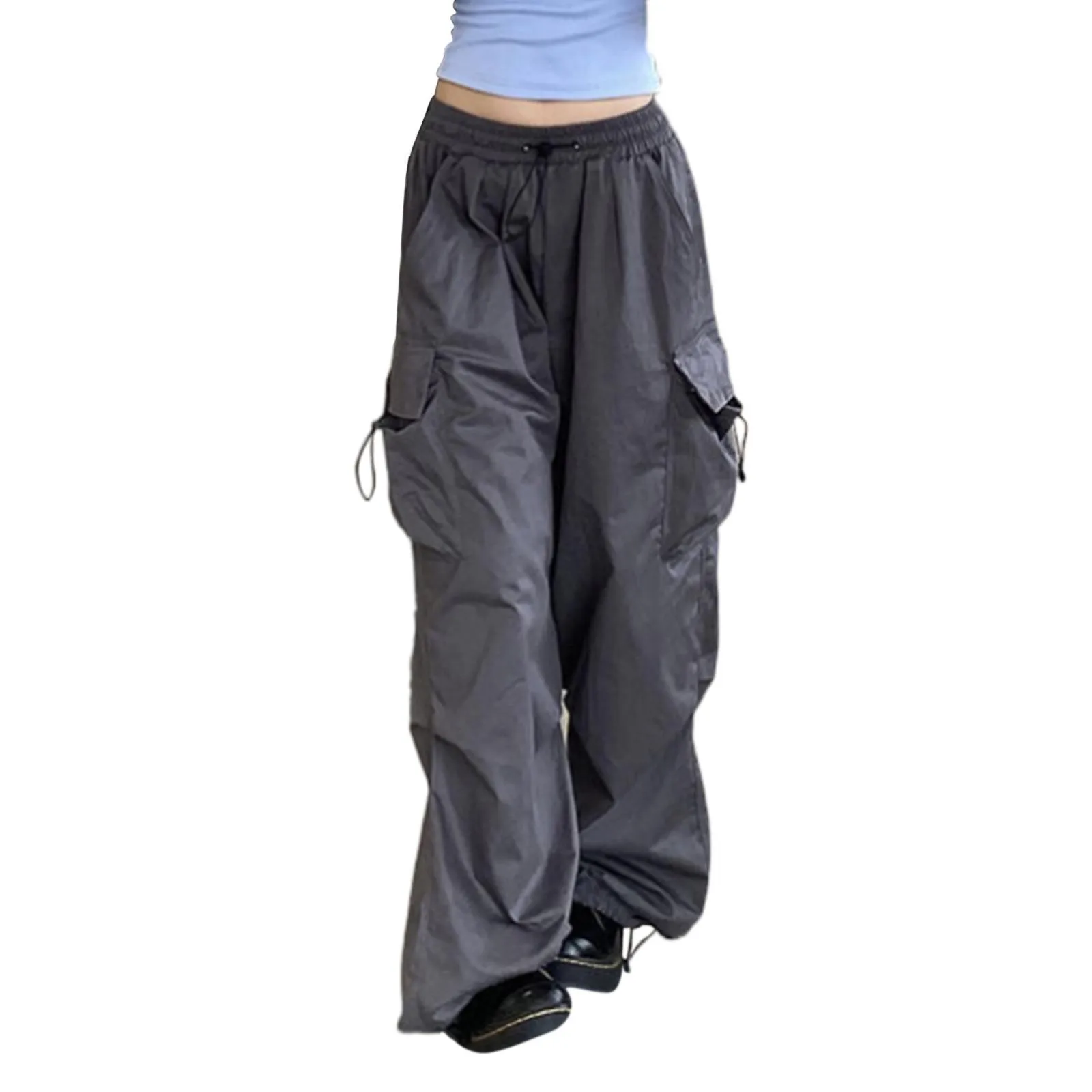 Pantaloni Cargo larghi Casual da donna pantaloni sportivi a vita bassa solidi pantaloni sportivi con coulisse pantaloni larghi a gamba larga Y2K Streetwear