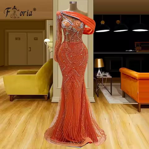 Dubai Orange Mermaid Evening Dress Crystal 3D Lace Prom Dress Luxury Beadings Formal Party Gowns Plus Size Elegant שמלות ערב
