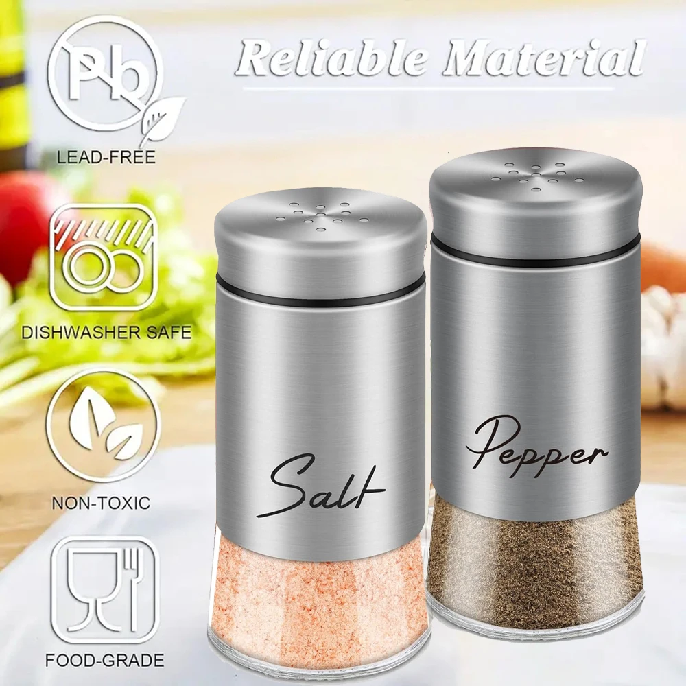 Juego de 2 cocteleras de vidrio para sal y pimienta, botella de condimentos de acero inoxidable, condimentos multiusos, tarro de especias, accesorios de cocina