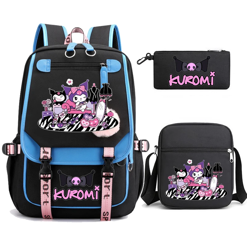 Kuromi Melody Mochilas para Meninas, Alta Capacidade, Impermeável Mochila Universitária, Trendy Laptop Bags, Bonito Livro de Viagem Bag, 3PCs