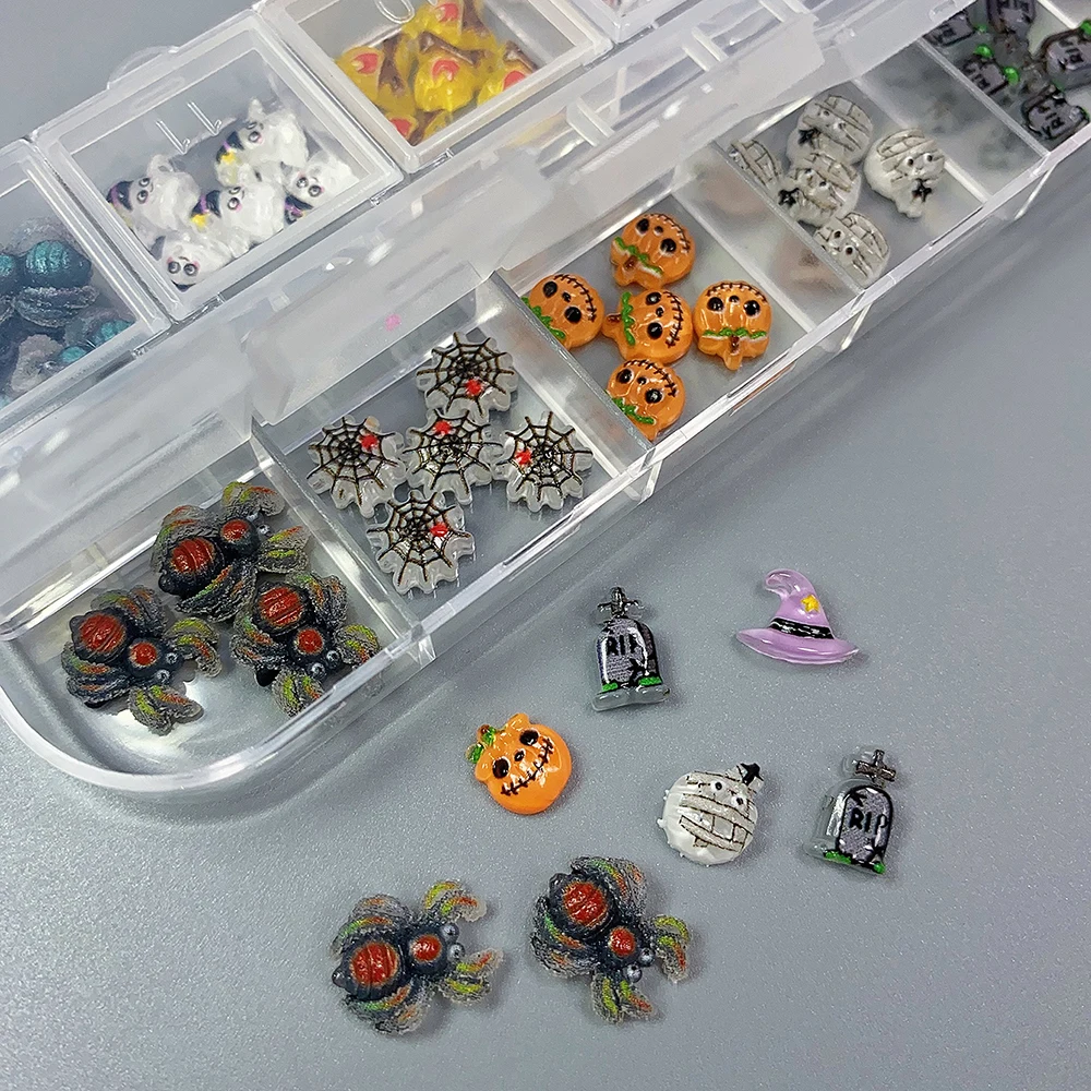 60pcs/box 3D Gothic Bat Spider Pumpkin Halloween Nail Charms Cute Ghost Dog Nail Rhinestones 12grid Halloween Nail Art Supplies