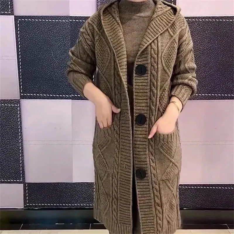 Spring Autumn New Jacquard Twists Hooded Cardigan Sweater Women Long Hooded Single Breasted Knitted Cardigan Coat Ladies M-5XL