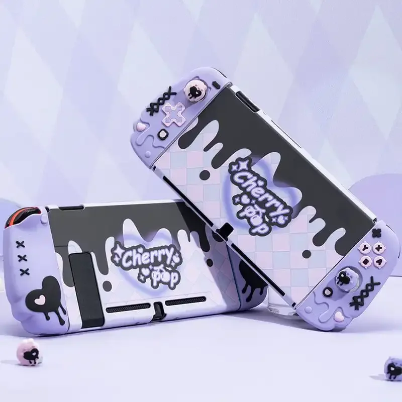 GeekShare Custodia protettiva in silicone Cherry Pop compatibile con Nintendo Switch/OLED, Cover JoyCon con 1 paio di impugnature per pollice viola