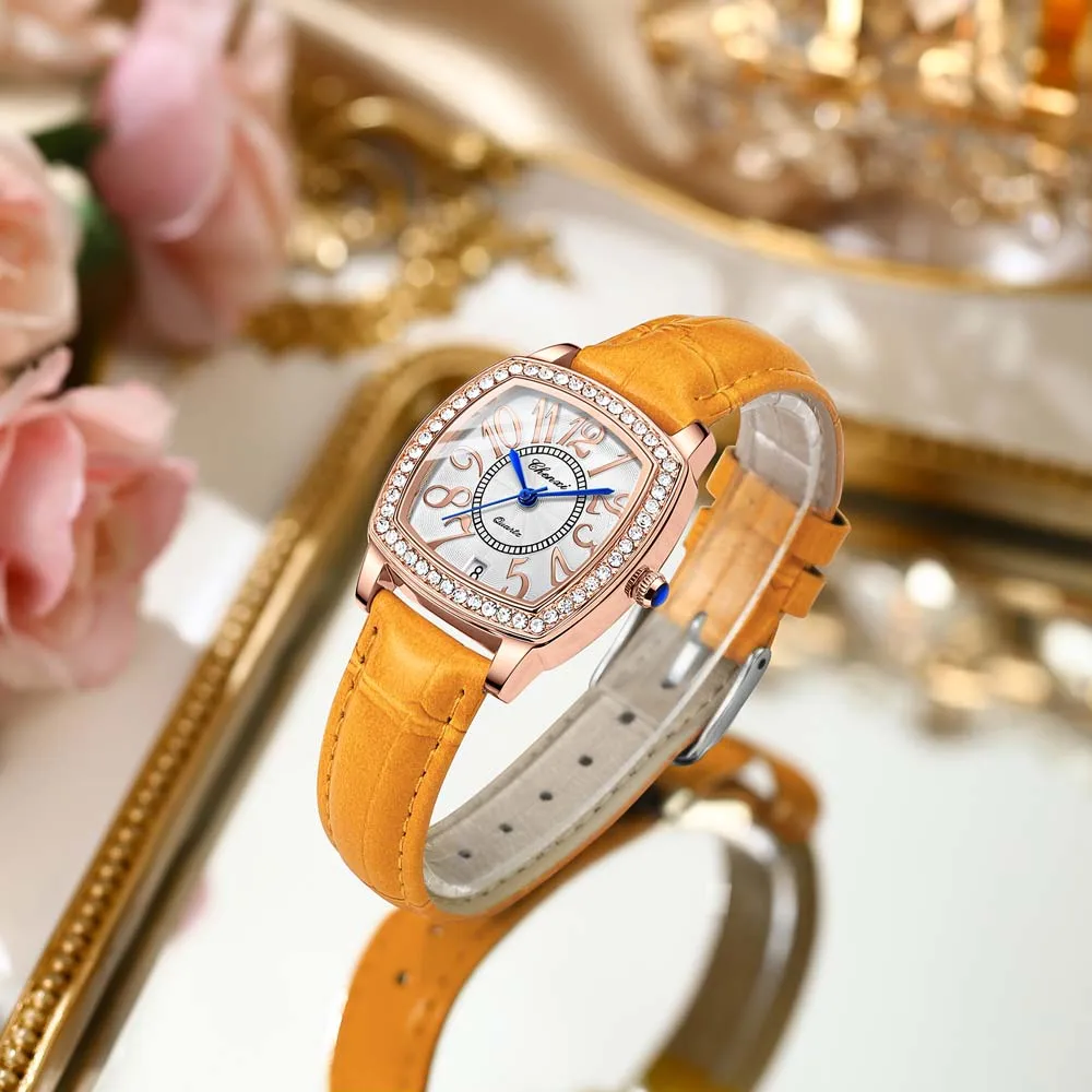 

CHENXI Tonneau Square Fashion Women's Watch - Diamond-Accented Waterproof Quartz Movement Leather Strap Ladies Wristwatch