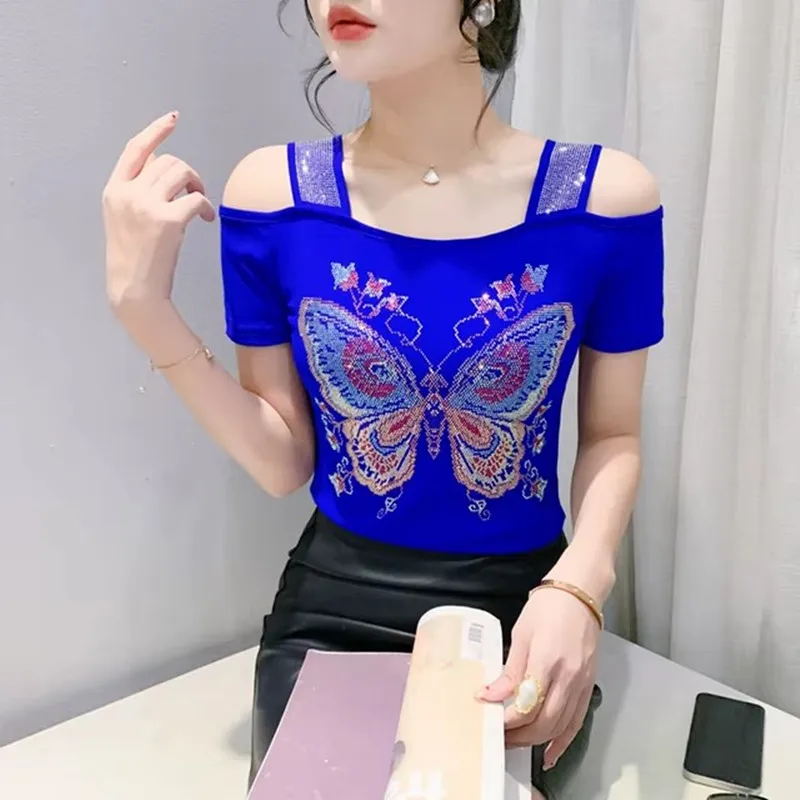 

M-3XL New Ladies Clothes Fashion Butterfly Design T-Shirt Sexy Off Shoulder Shiny Diamonds Women Chic Mesh Tops Tees Shirts