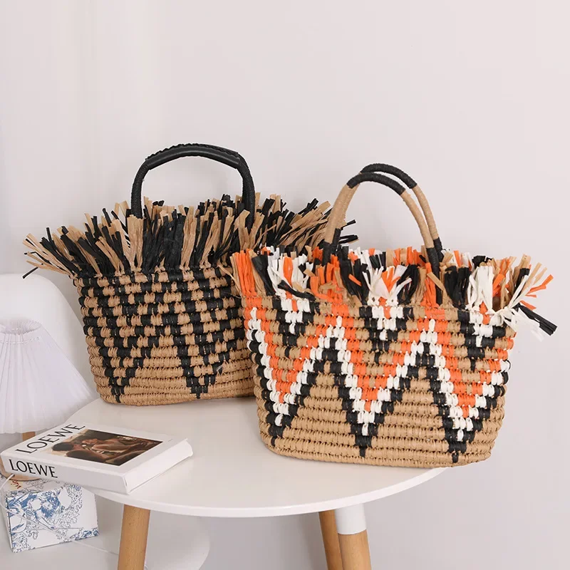 

Color Matching Scattered Edge Retro Straw Bag Tassel Hand-woven Handbag Seaside Beach Totes Women's Bag Sac Paille Luxe Femme