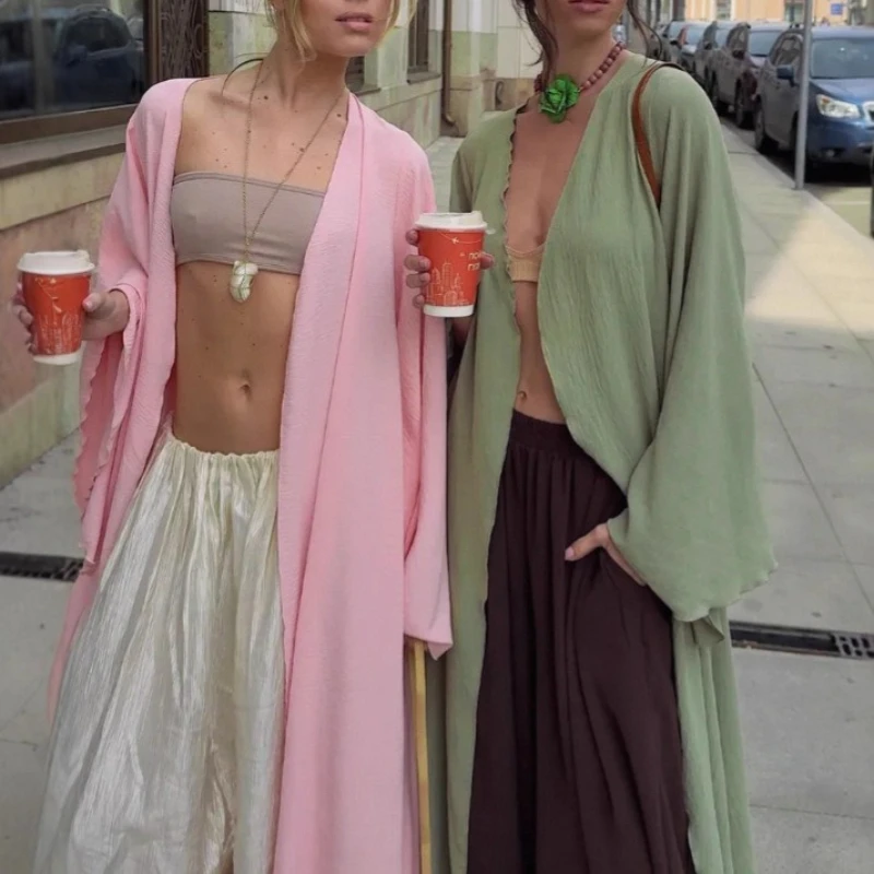 2026 Four Seasons New Hot Selling Solid Color Soft Glutinous Sunscreen Long Belt Home Outerwear Dual Purpose Long Shirt