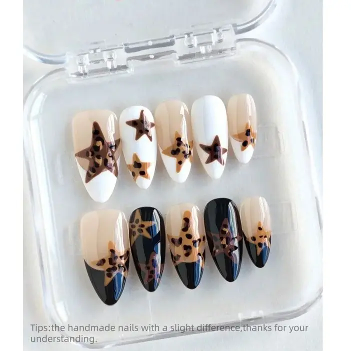 

10pcs Y2k Leopard Brown Star Long Almond Handmade Press-On Nails,Fake Nails,Suitable For Women's Parties Daily Casual Wear