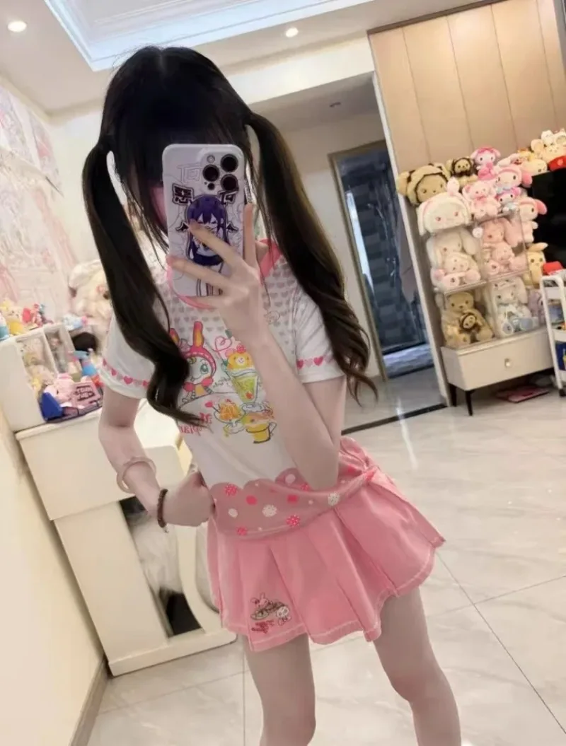 النمط الياباني الكرتون طباعة بلايز المرأة الصيف جديد المرقعة الجنية لطيف الإناث بلايز Harajuku Y2k الجمالية الجرونج عادية تيز