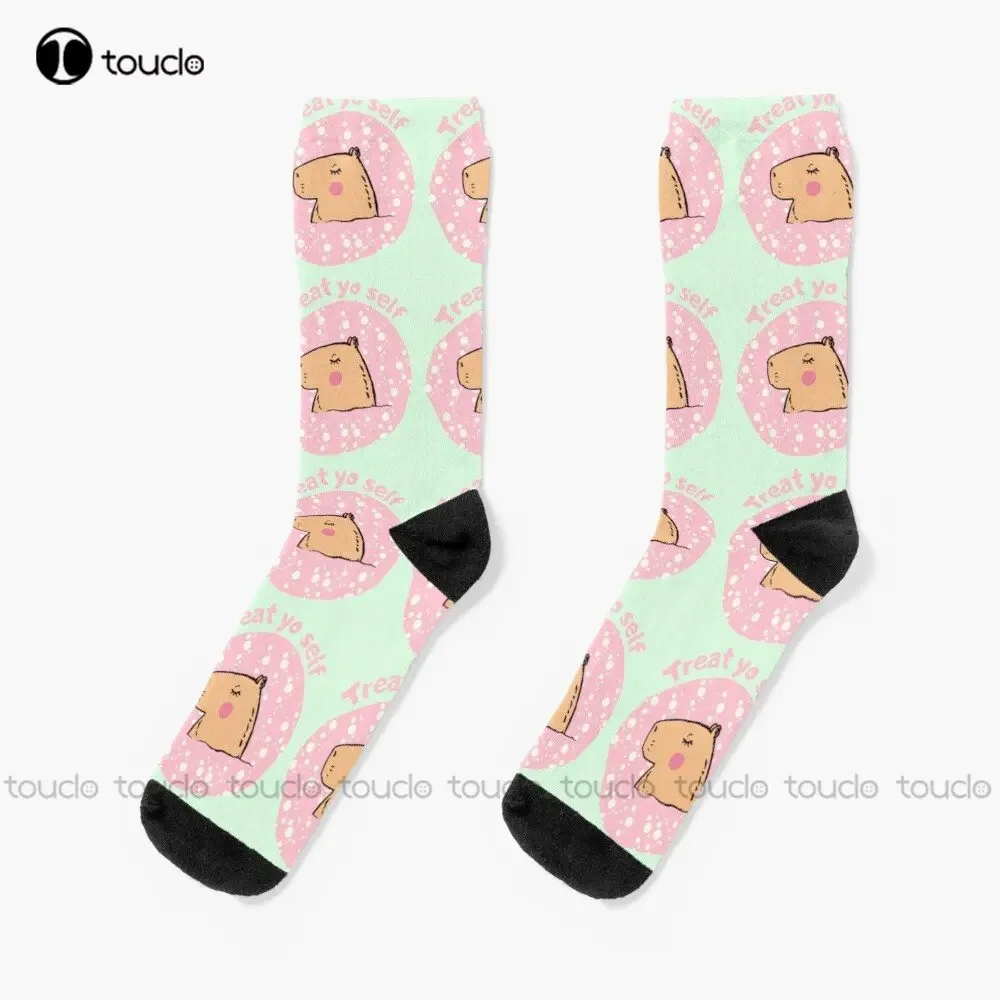 Treat Yo Self Cute Capybara Socks White Men'S Socks Personalized Custom Unisex Adult Teen Youth Socks 360° Digital Print Cartoon