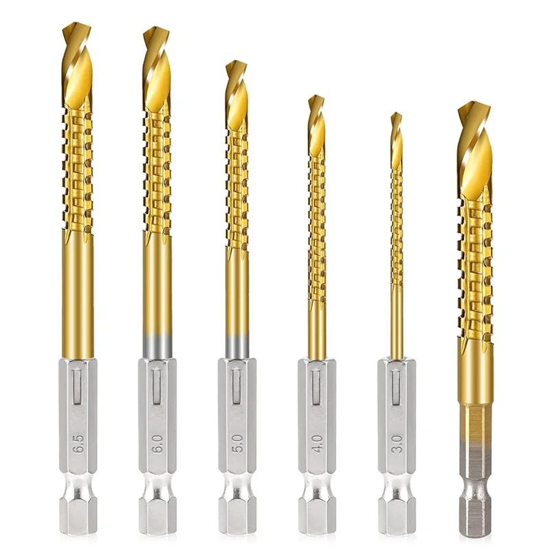 

6Pcs Titanium Coated HSS Twist Drill Bits, 3-8Mm Hex Shank Serrated Cutting Drill Bit Spiral Saw Drill Bit