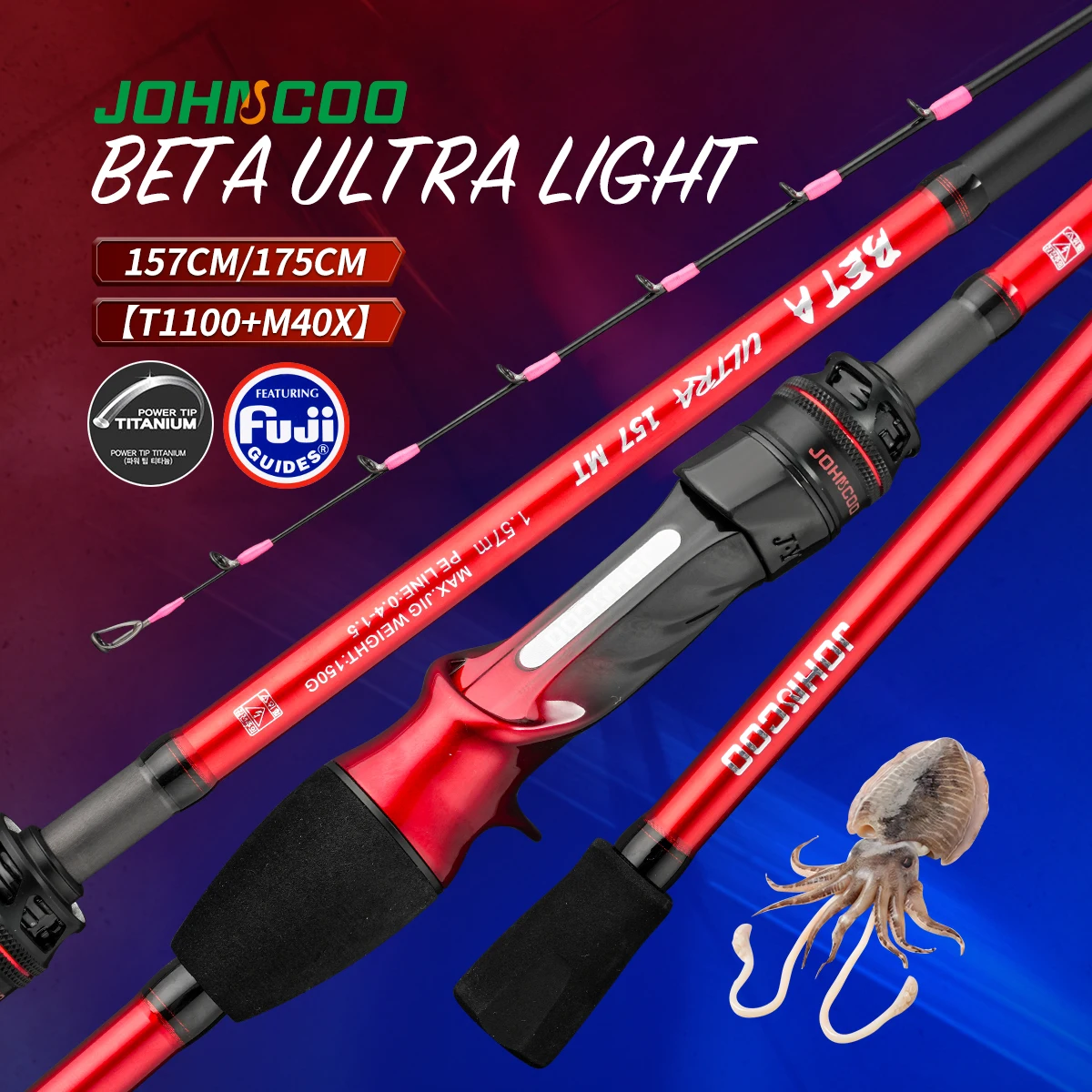 Caña de Pescar Johncoo Beta Ultra 157M SMT para Calamar, Máx. 5-6KG, con Anillas Fuji, Caña de Pescar Hanchi Ligera