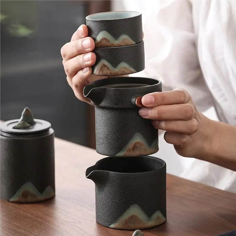 DT19-Japanese Hand-Painted Mountain Tea Set Kit Vintage Coarse Pottery Set Of Cups Teapot And Cups Tea Making Outdoor 5Pcs