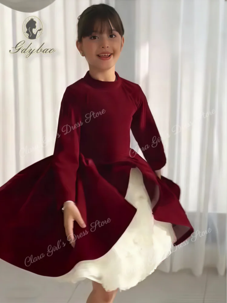 Elegancka sukienka dla dziewczynki do sypania kwiatów w kolorze wina, o kroju litery A, z trójwymiarowymi kwiatami, idealna na wesela, przyjęcia i sukienki urodzinowe szyte na miarę.