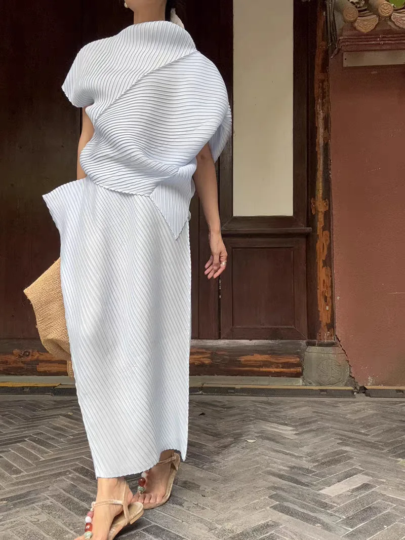 Pleated T-Shirt 2026 Summer New Japane Irregular Cut Pile Collar Top Simple Fashion Lightweight Wrinkle-Free Women Skirt