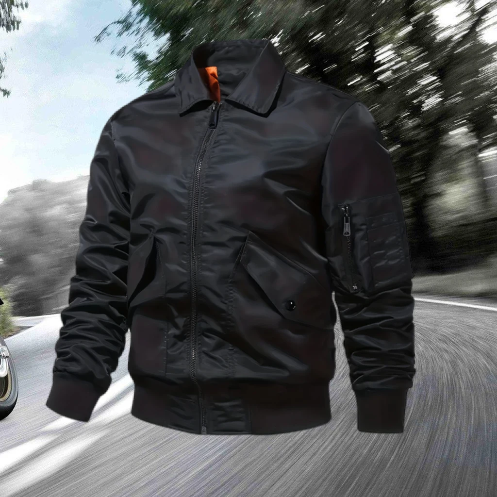 

Windproof Slim Fit Nylon Bomber Jacket - Men's Casual Motorcycle Style with Zip-Up Closure and Side Pockets