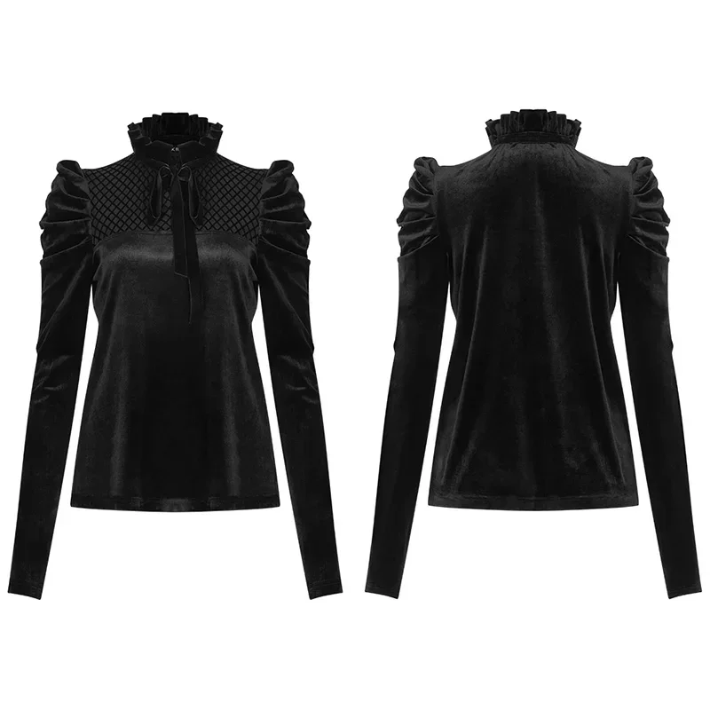 PUNK RAVE Women\'s Gothic Falbala Collar Velvet Bow Blouses Fashion Playful Long Sleeve Soft Cute Shirt Tops