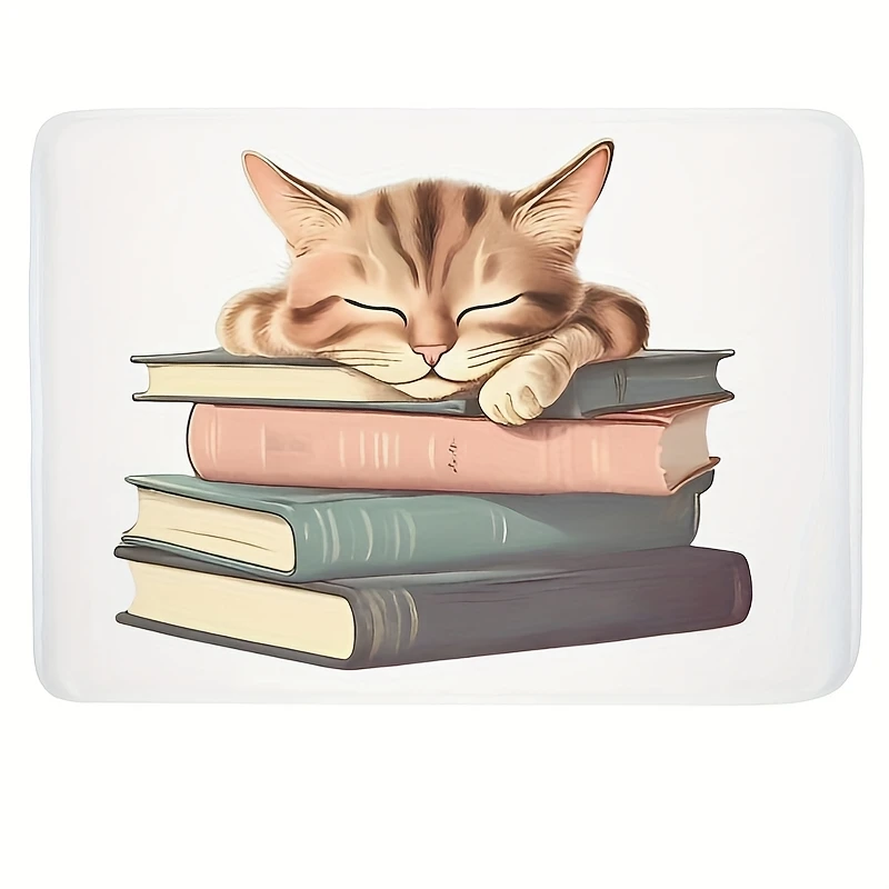 

1 шт. Нескользящий коврик для сна с милым котом на книгах — ультрамягкий фланелевой коврик 16x24 дюйма, уютный коврик для входной двери, кухни Ba