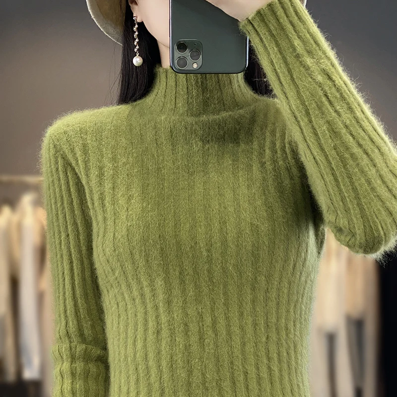 Women\'s 100% Pure Mink Cashmere Sweater,Half Turtleneck,Slim Pit Strip Knitted Sweater,New Top,Spring,Autumn,Winter Wear,Fashion