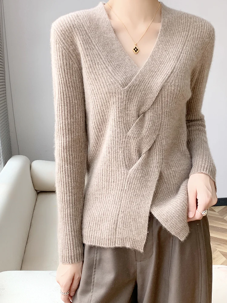 

New Fashion Autumn Winter Women 100% Merino Wool Sweater V-Neck Striped Knitted Pullover Casual Twisted Cashmere Clothing Tops