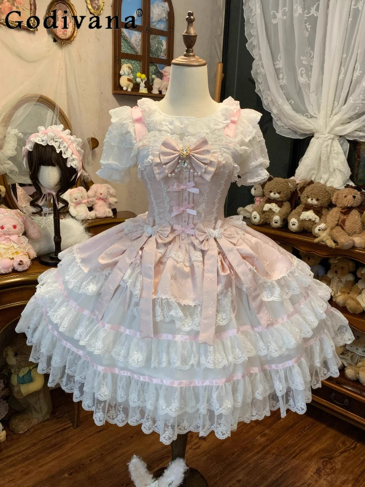 

Princess Style Pink Lolita Dress Set Japanese Woman's Cute Bow Lace Edge Sleeveless Mini Dresses Daily Loli Lo Y2k Sling Dress