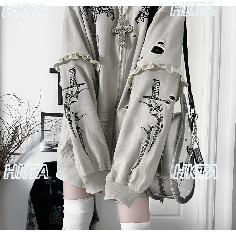 Subculture Y2k Sweet Cool Embroidery Pleated Zipper Hooded Sweatshirt Ripped Jacket Vintage Loose Pocket Black Hoodie Coat Women