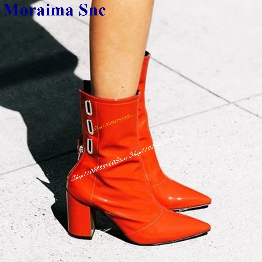 

Mid Calf Red Patent Leather Eyelet Decor Boots Chunky High Heel Women Shoes Back Zipper Pointed Toe 2024 Zapatos Para Mujere