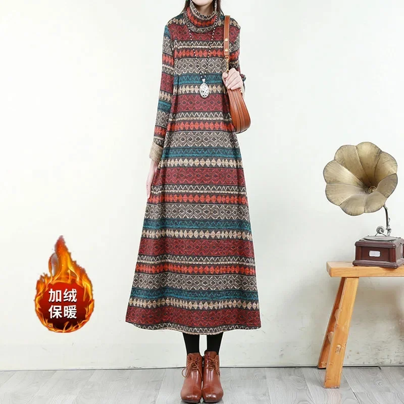 

Retro Art High Neck Knitted Cotton Plush Printed Dress for Women Spring Autumn 2023 New Loose Slim Bottom Long Dress Commuter V4