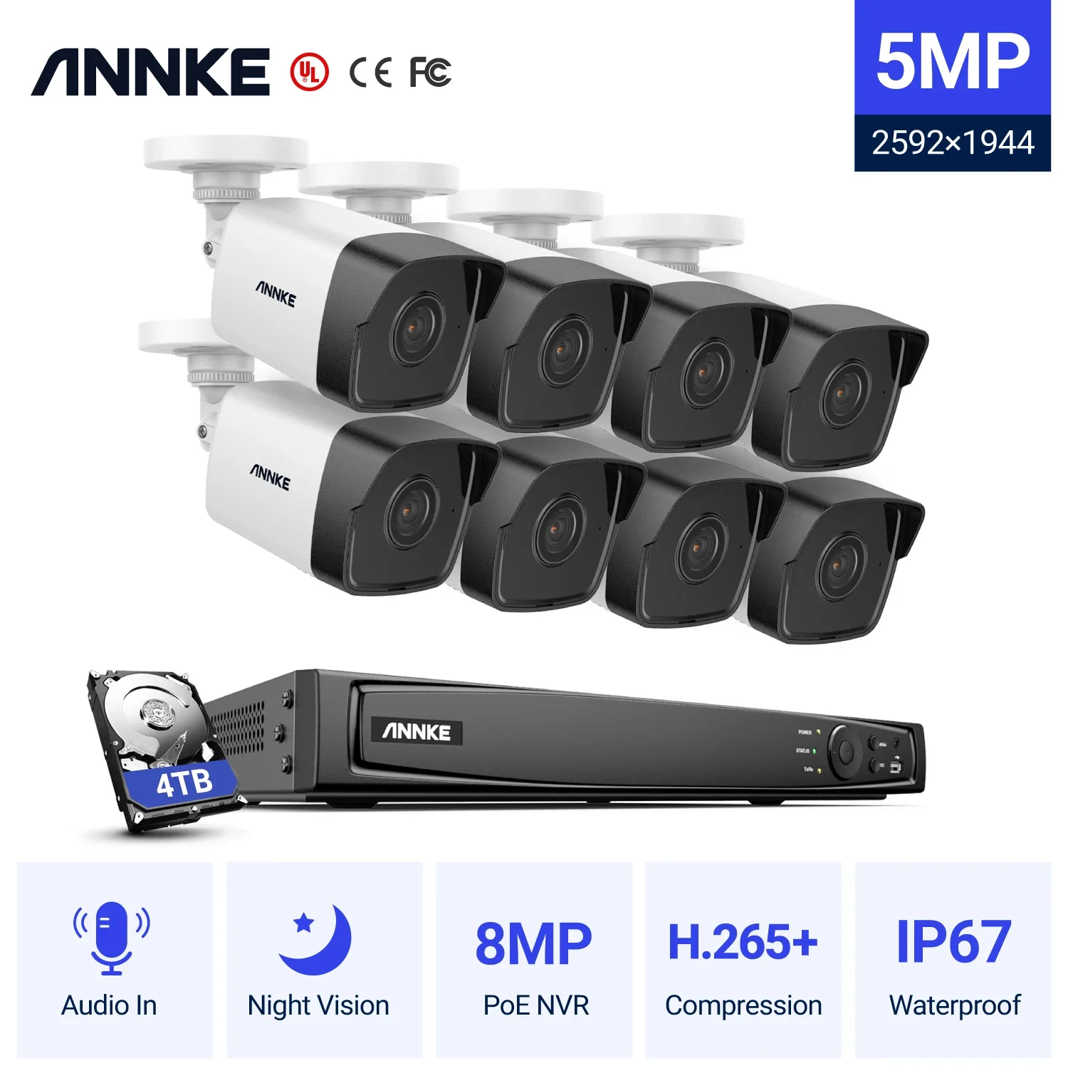 

ANNKE H.265+ 16CH 8MP PoE NVR Security Camera System 8pcs 5MP IP POE Camera with Audio CCTV System with 4TB Hard Drive
